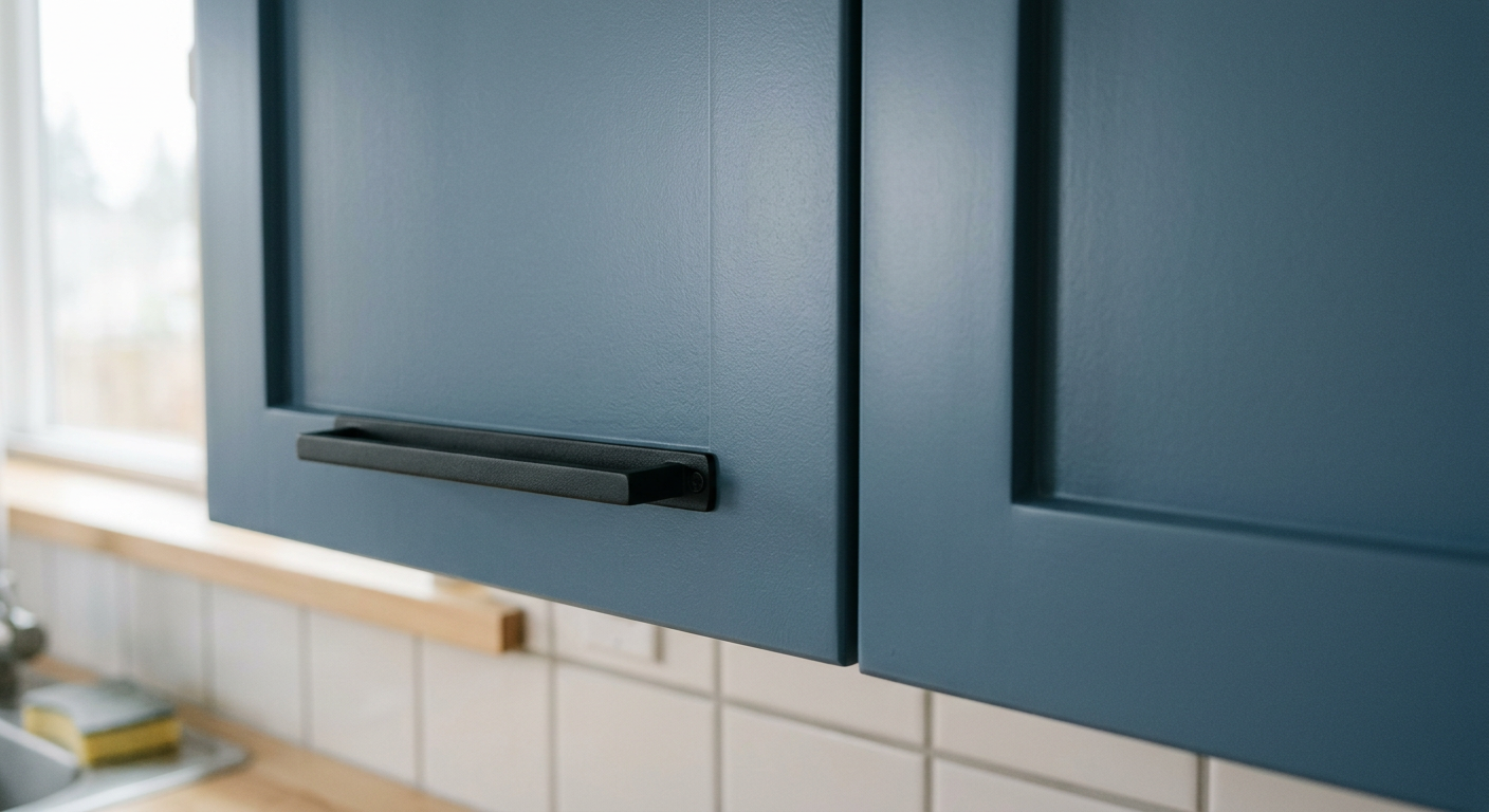 A view of professionally refreshed kitchen cabinets with new matte black hardware in a Monroe, WA home.
