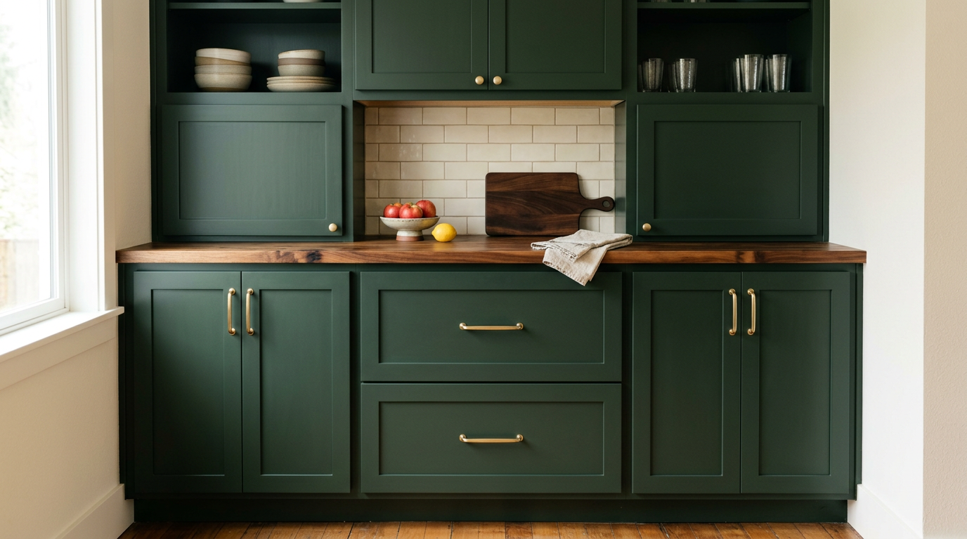 Freshly painted dark blue kitchen cabinets with new brass hardware after a professional cabinet refresh in a Monroe, WA home.