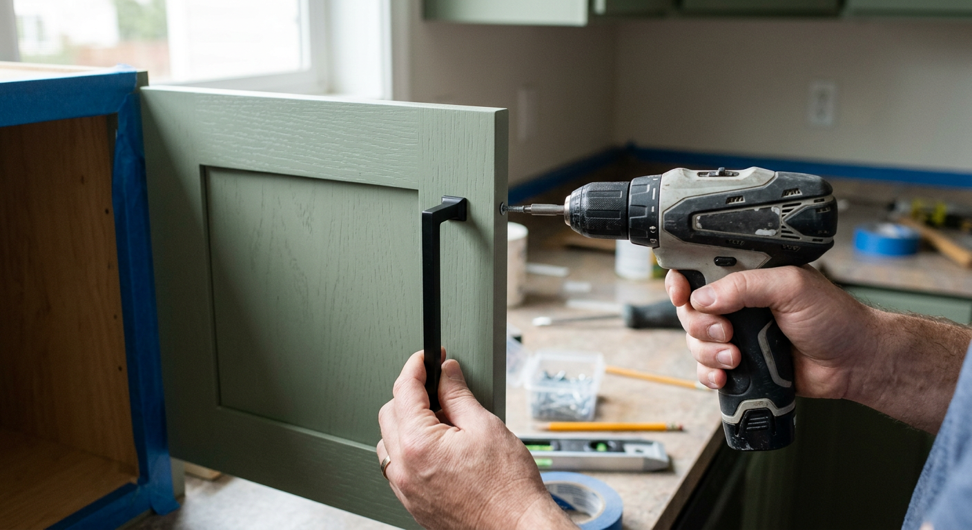 Close-up of a new cabinet pull being installed on a freshly painted kitchen cabinet during a cabinet refresh in a Kenmore, WA home.