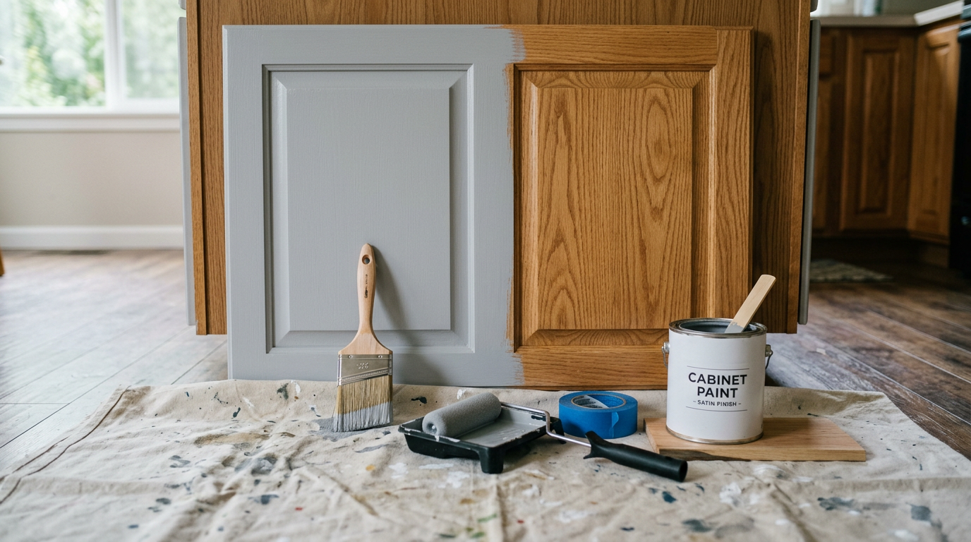 Freshly painted light gray cabinet doors for a kitchen refresh in a Kenmore home.