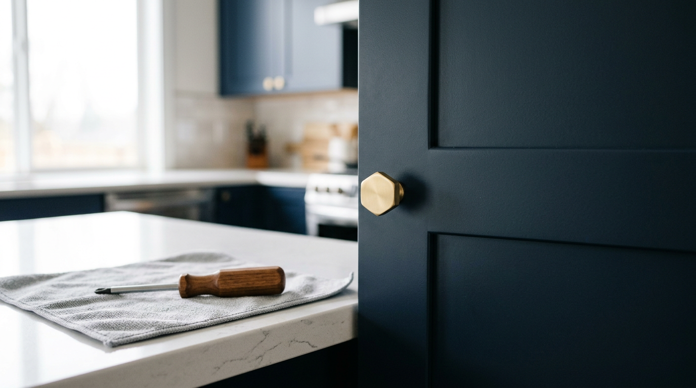 Newly painted navy blue kitchen cabinet with a modern brass knob after a professional cabinet refresh in a Medina home.