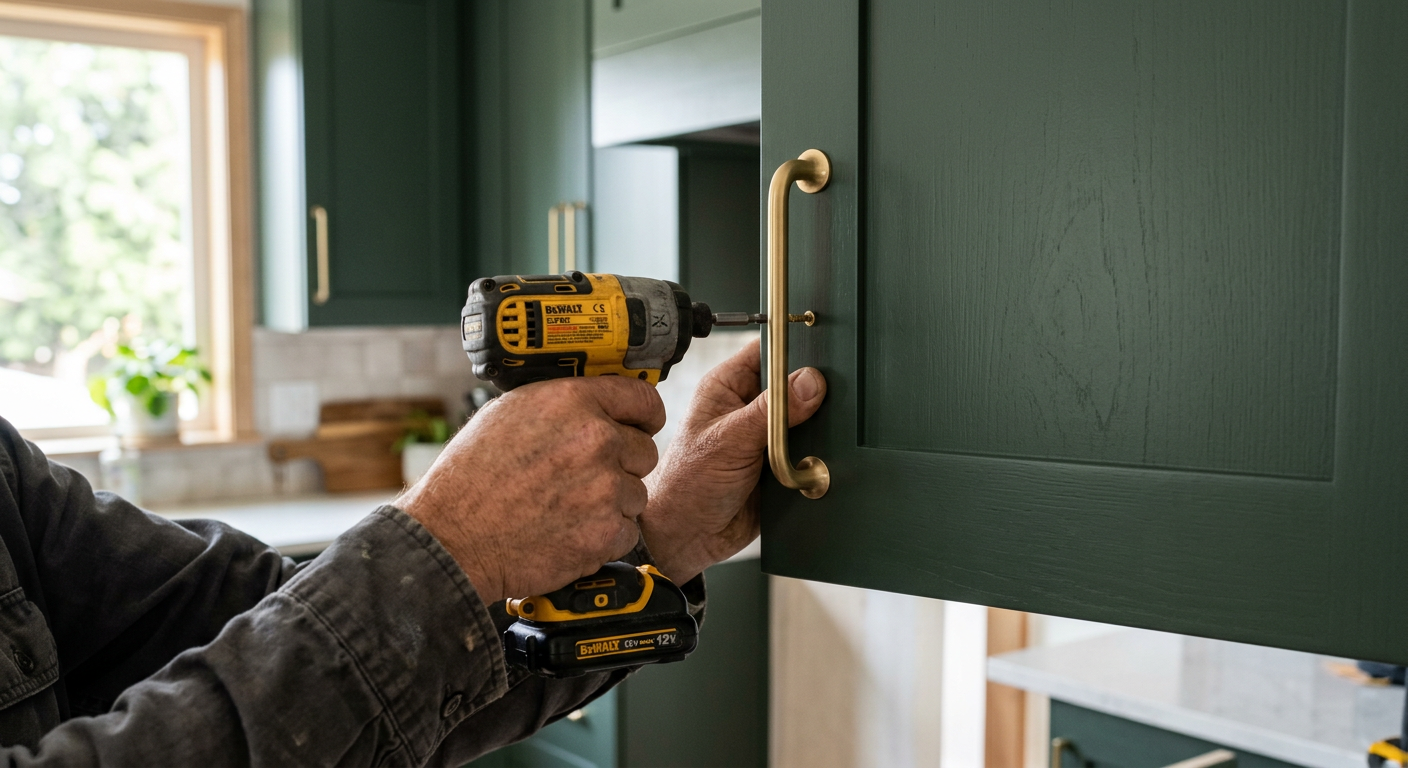 A freshly painted shaker cabinet door in Medina getting new brass hardware installed by a House Spouse carpenter.