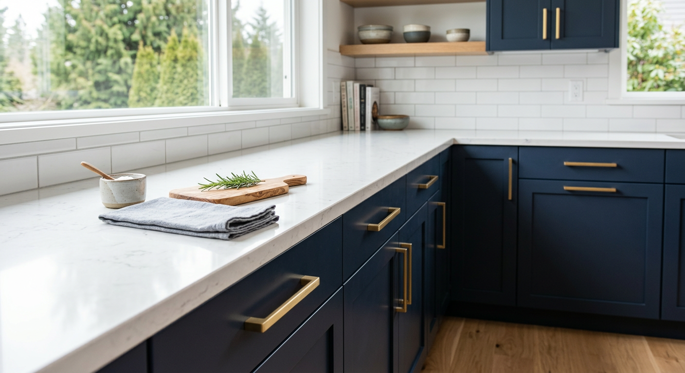 Newly painted navy blue kitchen cabinets with brass hardware after a professional cabinet refresh in a Medina, WA home.