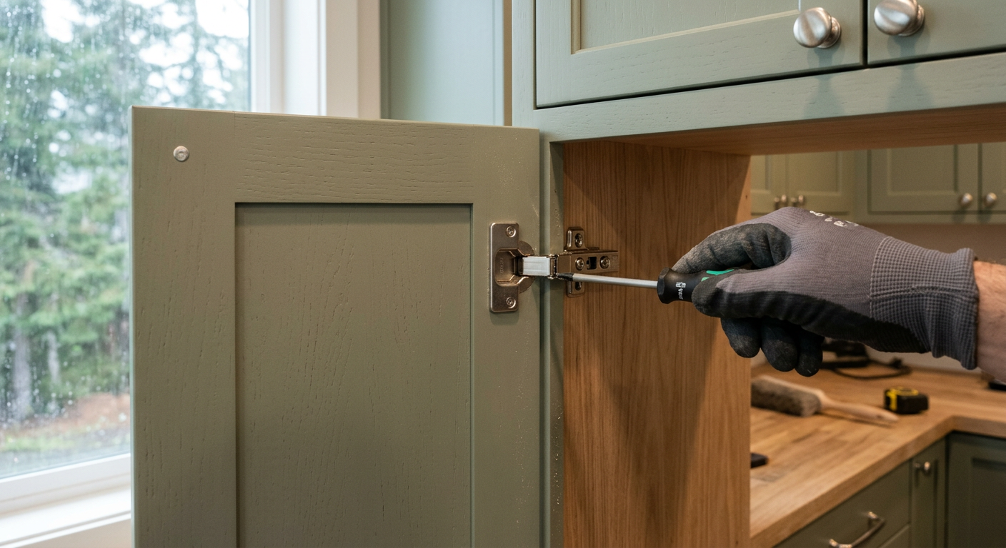 Close-up of cabinet door hinge adjustment during a cabinet refresh in Medina WA