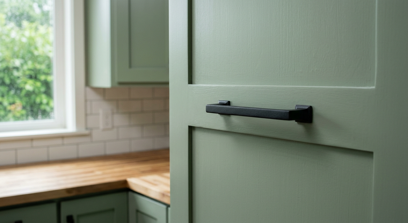 A close-up of a freshly painted kitchen cabinet door with new hardware after a cabinet refresh in a Monroe, WA home.