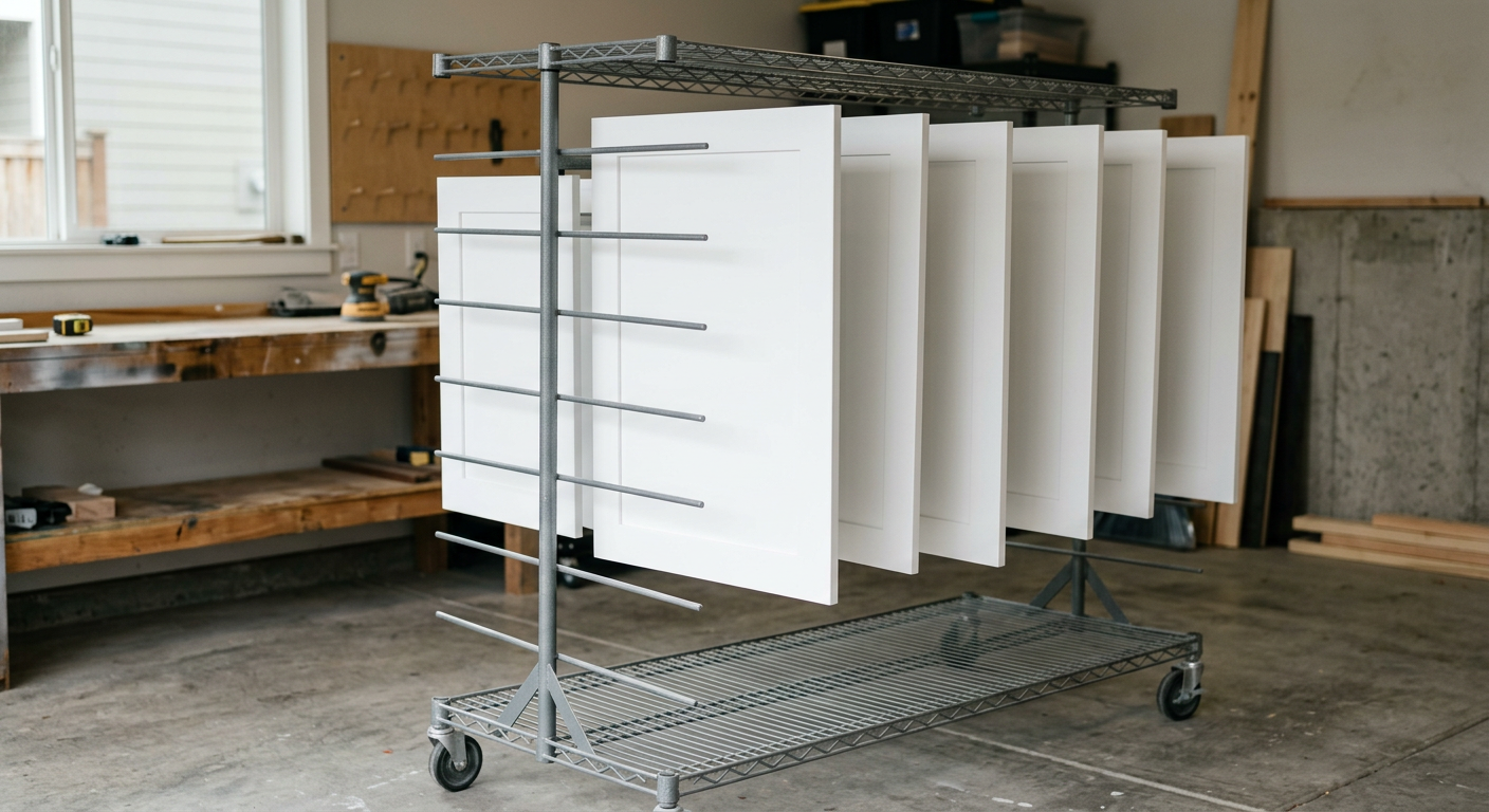 Freshly painted white kitchen cabinet doors drying on a rack after a professional cabinet refresh in Monroe, WA.