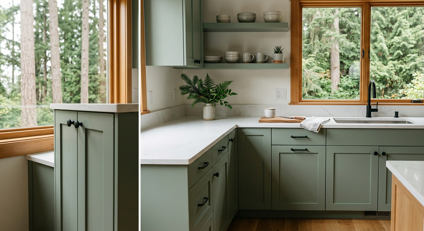 A refreshed kitchen with sage green cabinets and modern hardware in a Queen Anne, WA home.