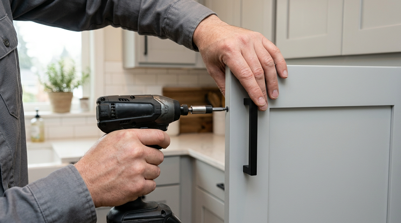 Hands installing a new matte black pull on a freshly painted gray cabinet during a cabinet refresh in a Queen Anne home.