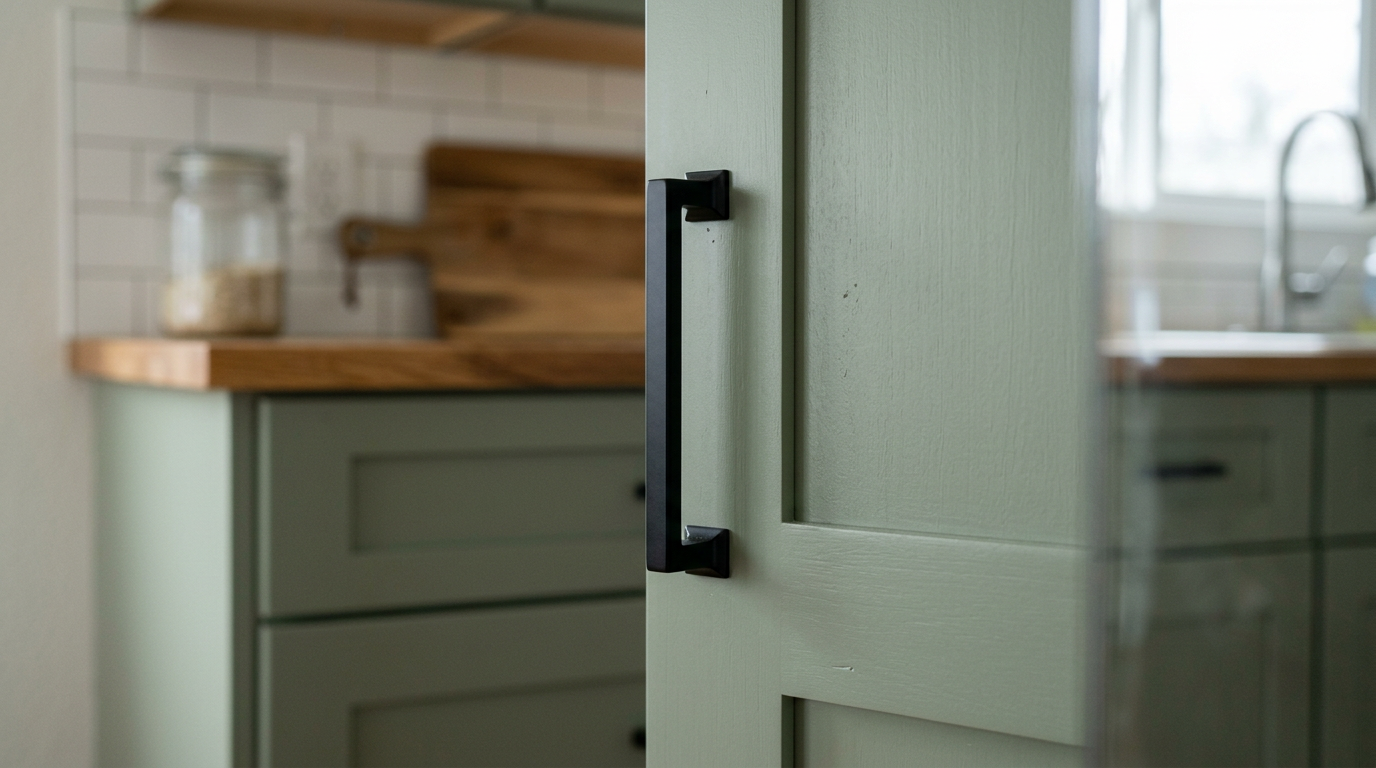 A close-up of a new black handle on a professionally painted green kitchen cabinet, part of a cabinet refresh in a Sammamish home.