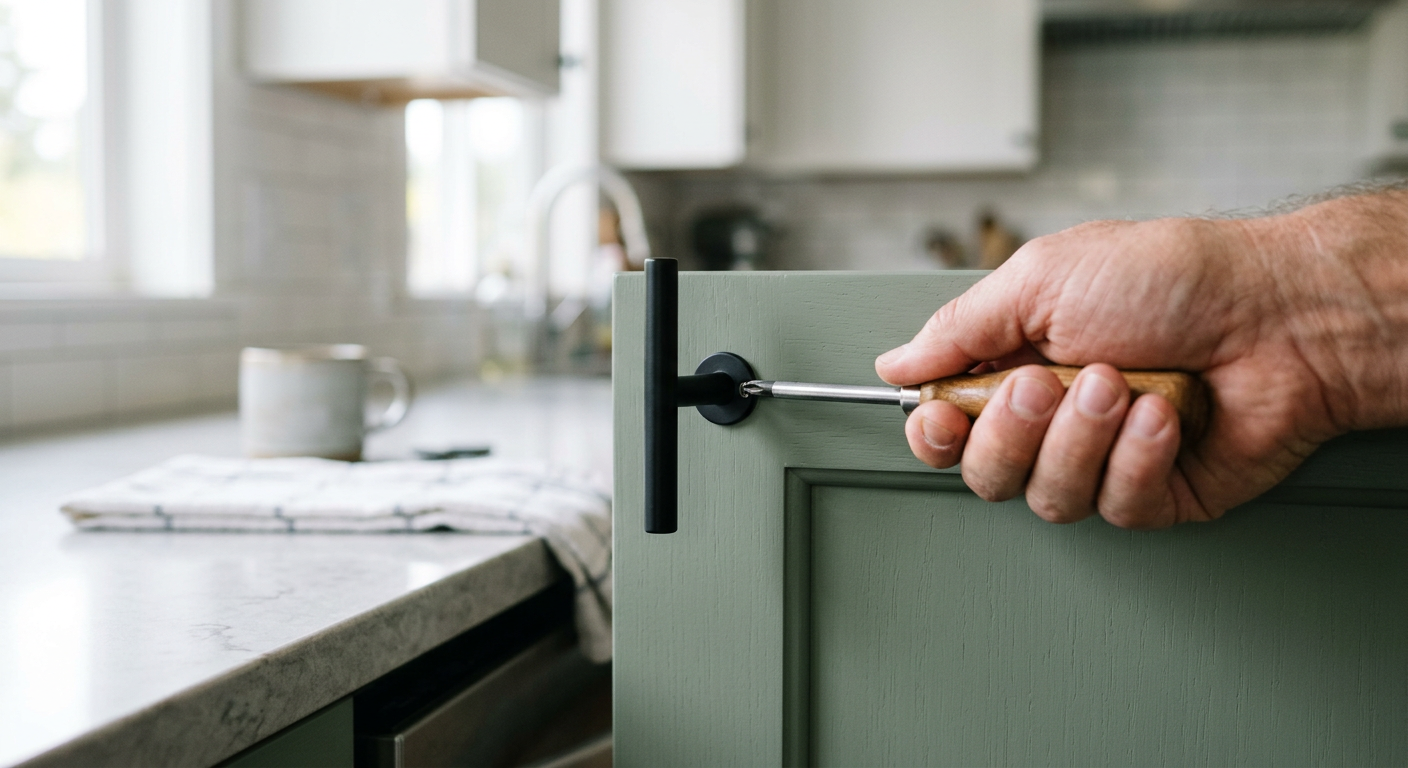A close-up of a cabinet refresh in a Bellevue, WA kitchen, with new black hardware being installed on a sage green cabinet door.