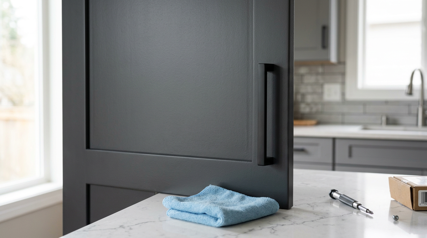 A close-up of a freshly painted gray kitchen cabinet with a new matte black handle, part of a cabinet refresh project in Sammamish, WA.