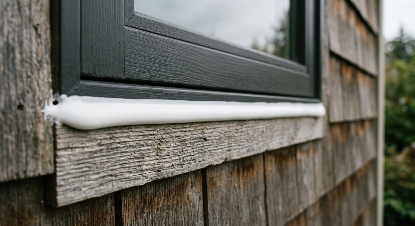 A clean, new bead of white caulk sealing an exterior window frame in a Ballard, WA home.