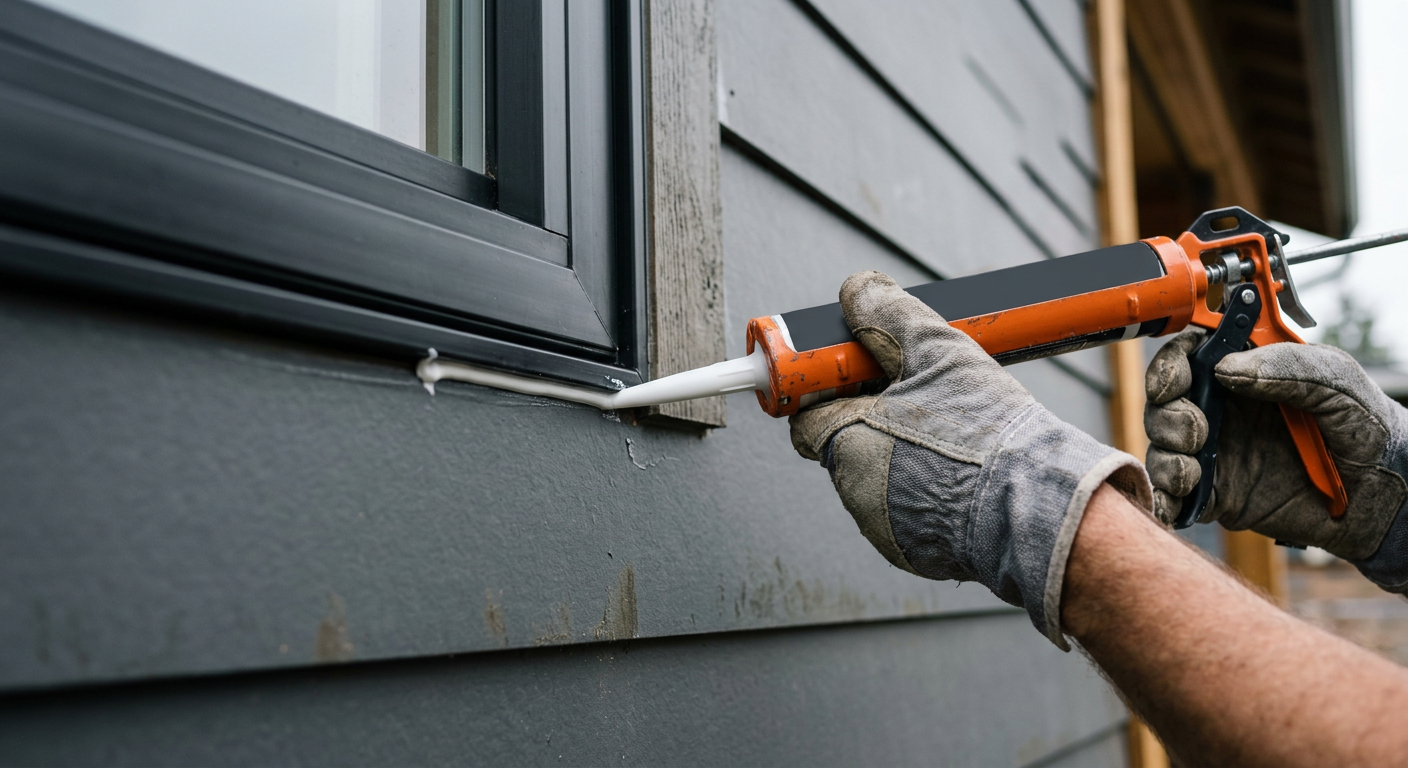 Applying a bead of fresh exterior sealant to a window frame on a home in Ballard, WA.