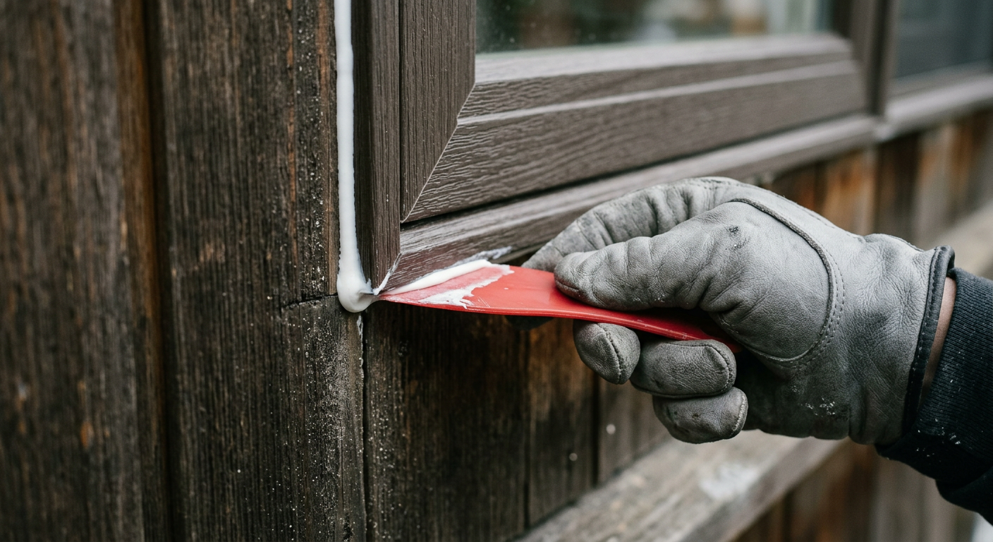 Close-up of a professional applying fresh exterior caulking and sealing around a window on a home in Ballard, WA.