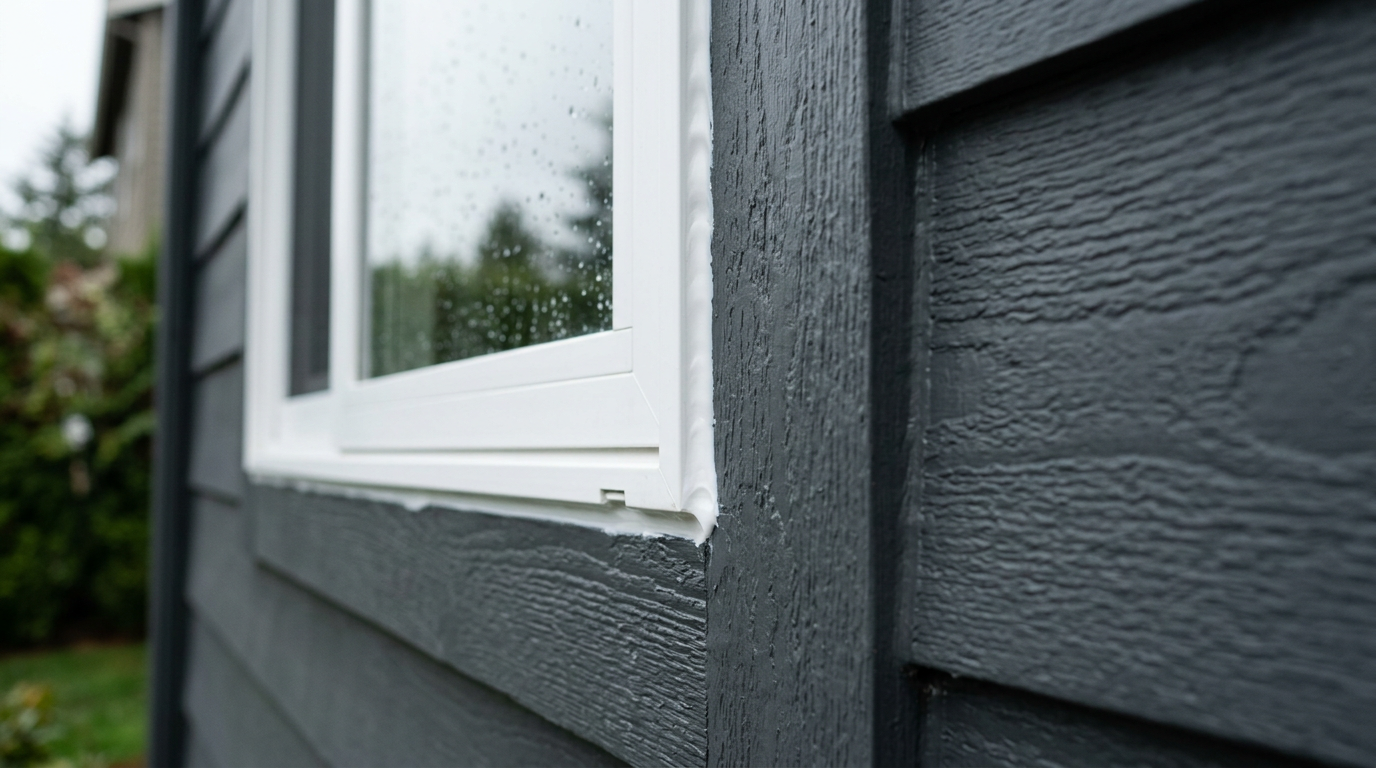 A close-up of a fresh, professional caulking and sealing job around an exterior window on a home in Ballard, WA.