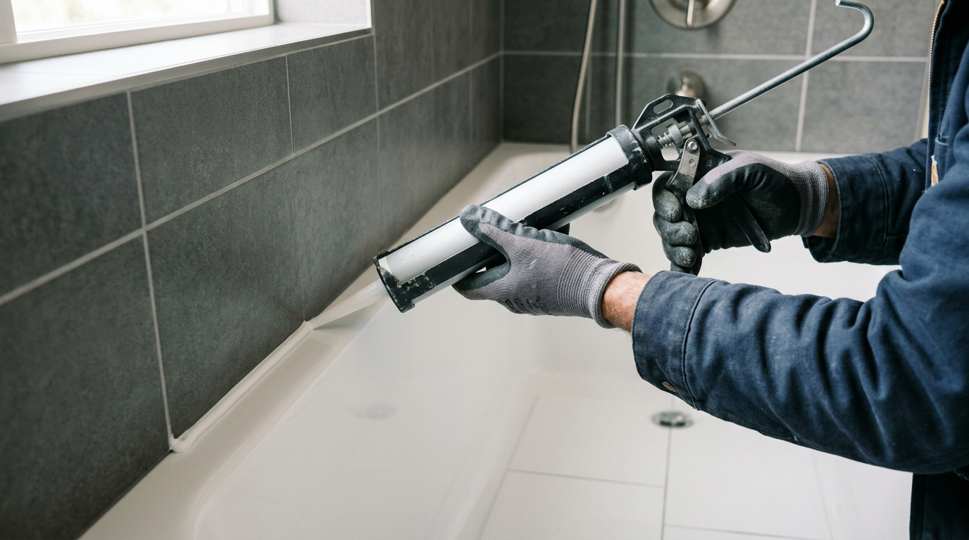 Applying a fresh bead of caulk around a bathtub in a Ballard, WA home to prevent water damage.