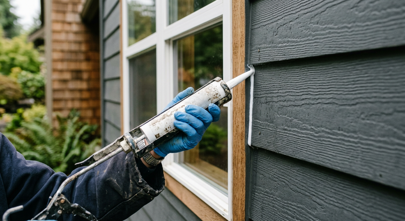 Applying a fresh bead of exterior caulk to a window frame on a home in Brier, WA.