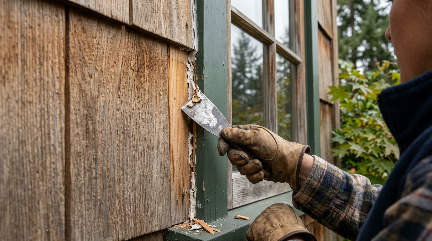 Close-up of old failed exterior caulk being carefully scraped from cedar siding trim on a Brier WA home