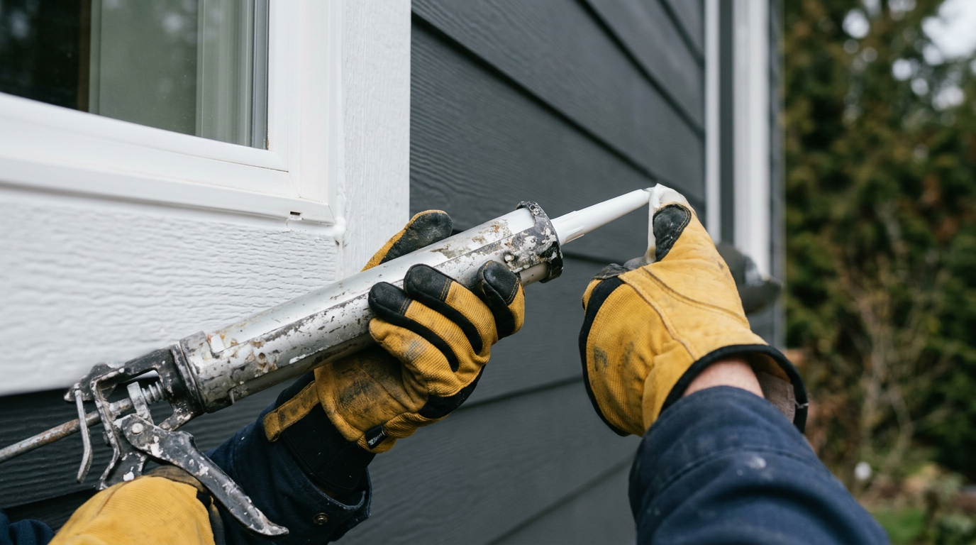 A clean bead of new white sealant being applied with a caulking gun to a window frame on a home in Brier, WA.