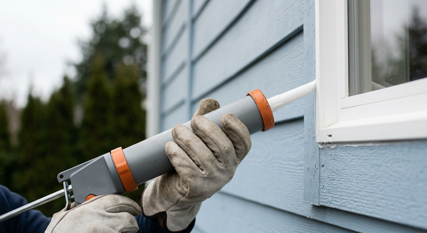 Applying a bead of white exterior caulk to a window frame on a home in Brier, WA to prevent water damage.