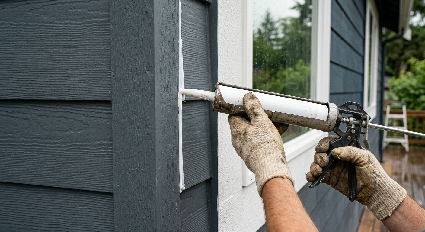 Applying a fresh bead of caulk to an exterior window trim on a modern home in Kirkland, WA.