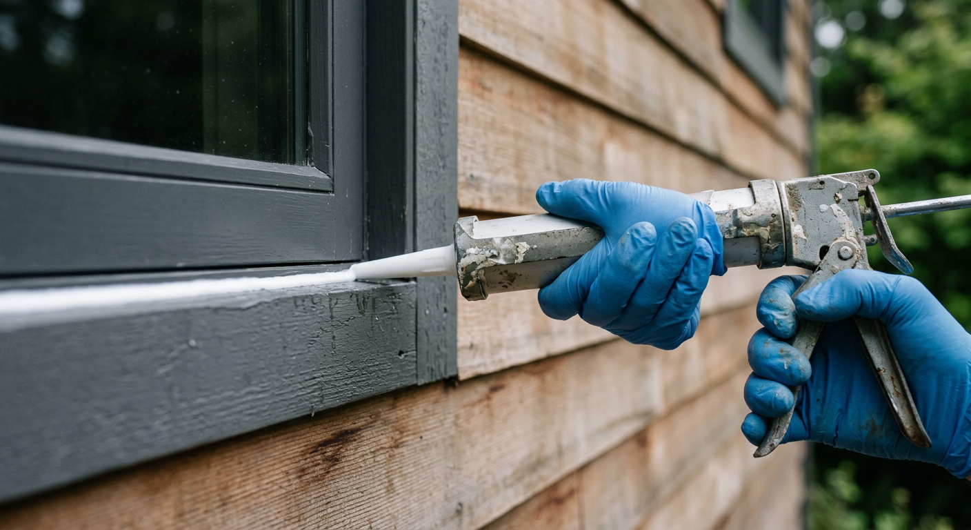 A close-up of a professional caulking an exterior window frame on a home in Kirkland, WA.