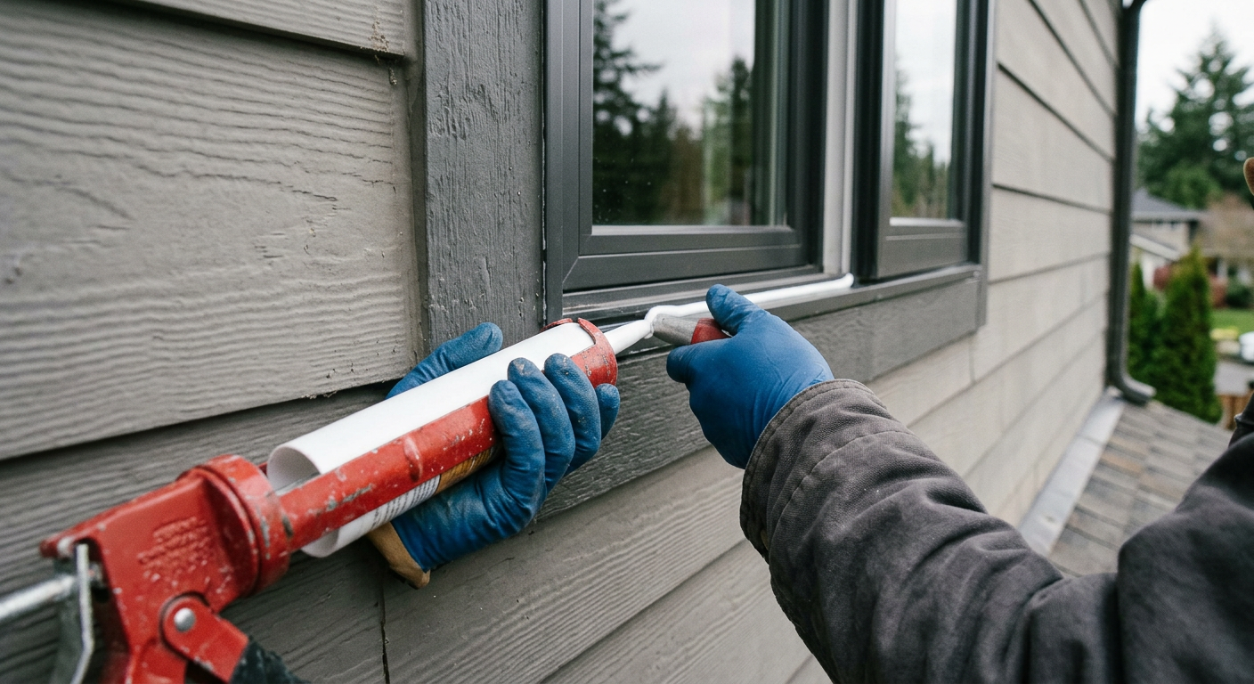 Applying fresh exterior caulk to a window frame in Kirkland, WA to prevent water intrusion.