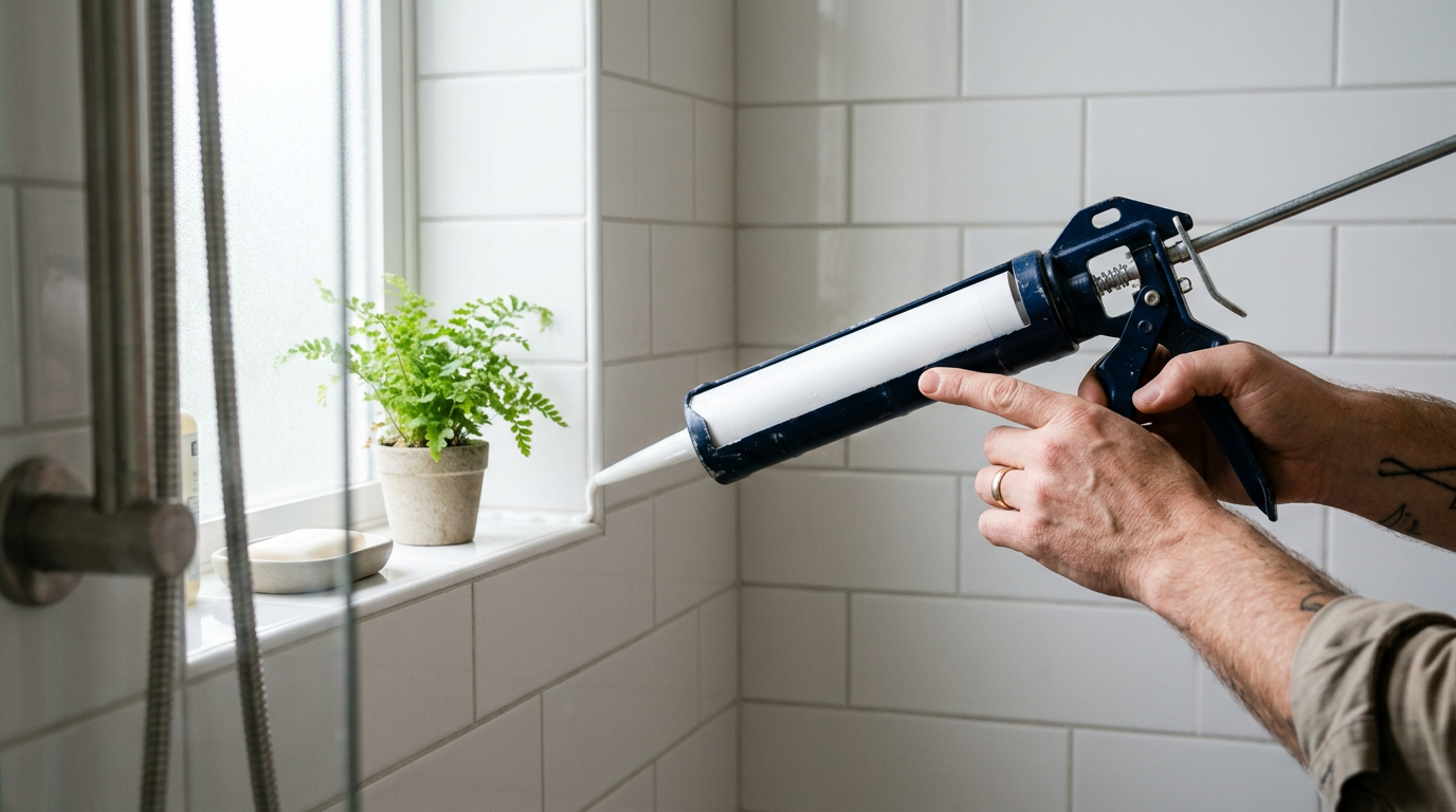 A professional applying a new bead of white caulk to a shower in a Lake Stevens home.