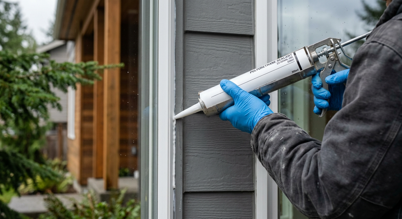 Applying a fresh bead of sealant to an exterior window frame on a home in Lake Stevens, WA.