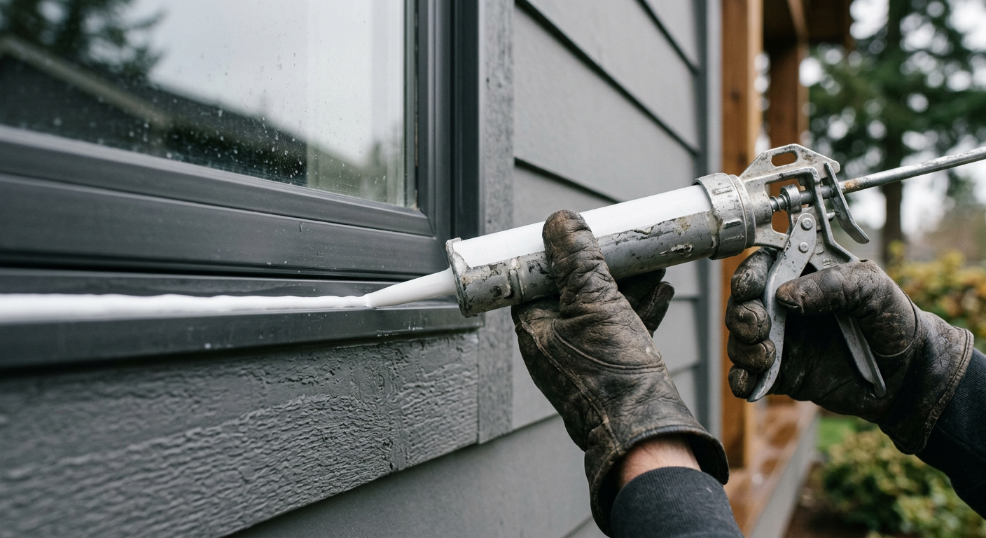 Professional applying a fresh bead of caulk to a window frame as part of home maintenance in Lake Stevens, WA.