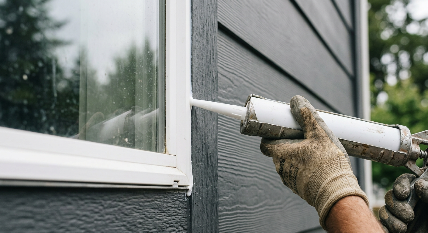 Applying a fresh bead of caulk around a window frame to seal a home in Lake Stevens, WA.