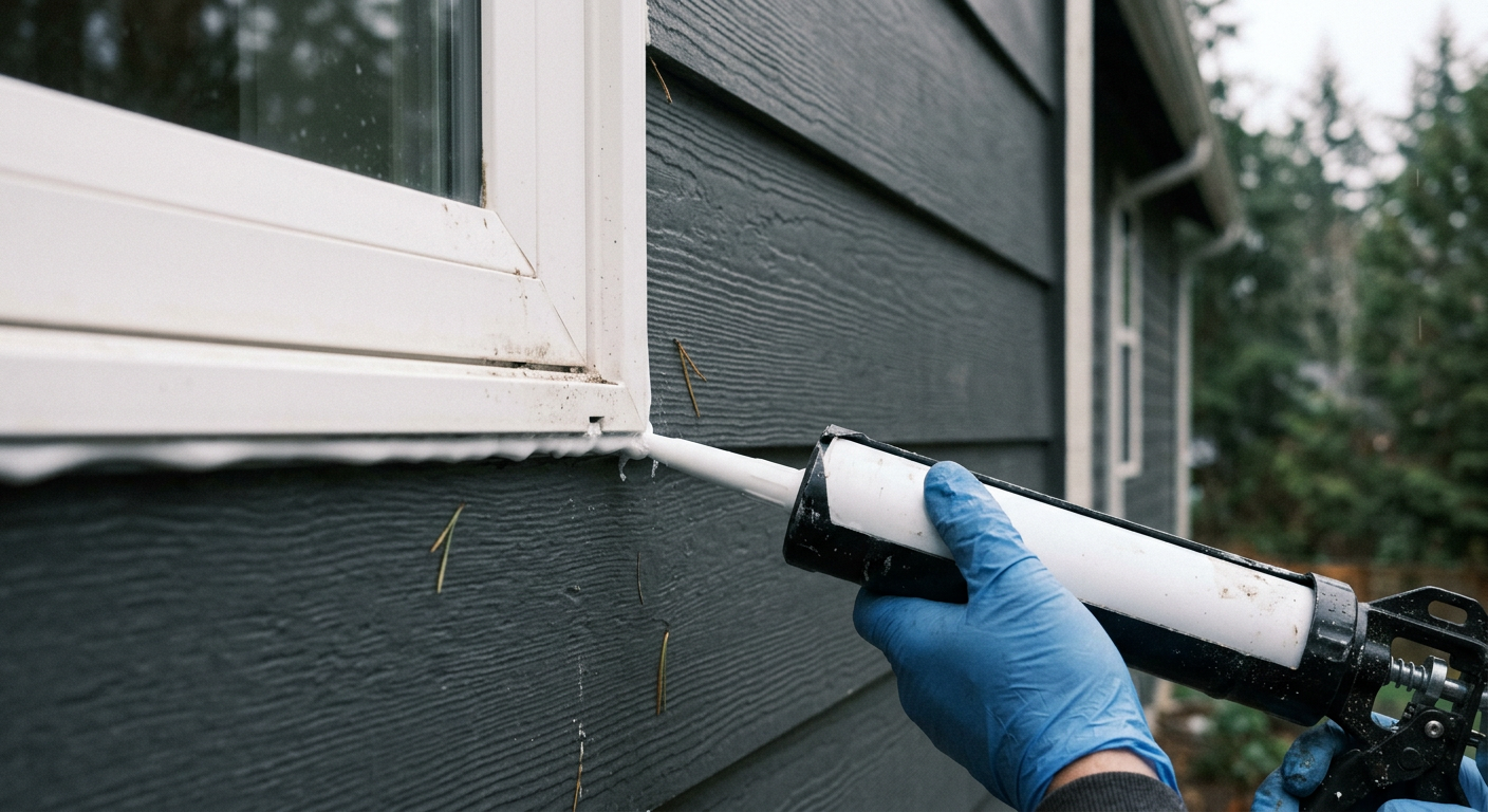 Applying a bead of fresh exterior caulk to a window frame on a home in Mukilteo, WA.