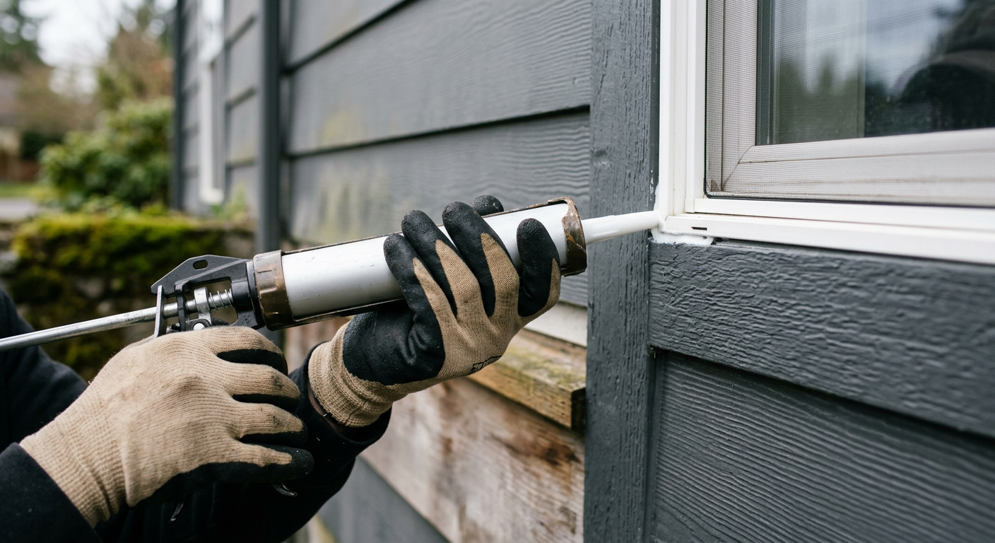 Professional applying a new bead of caulk to a window frame on a home in Mukilteo to prevent water damage.