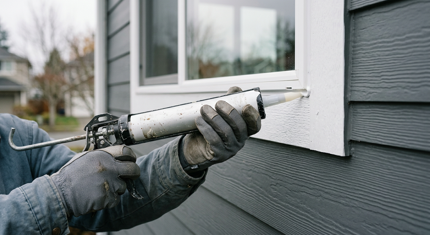 Applying a fresh bead of exterior caulk to a window frame on a home in Mukilteo, WA.