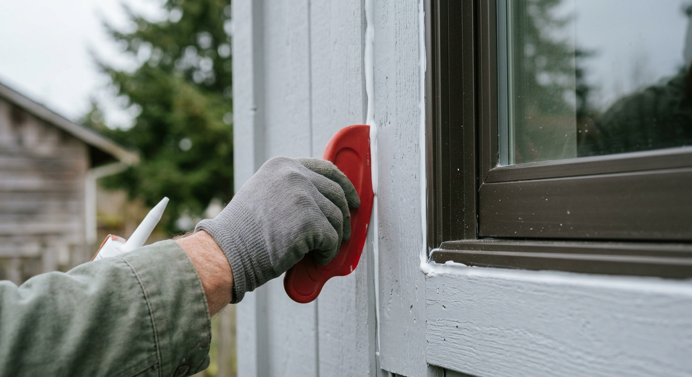 Close-up of a new bead of white caulk being smoothed on an exterior window frame of a home in Mukilteo, WA.