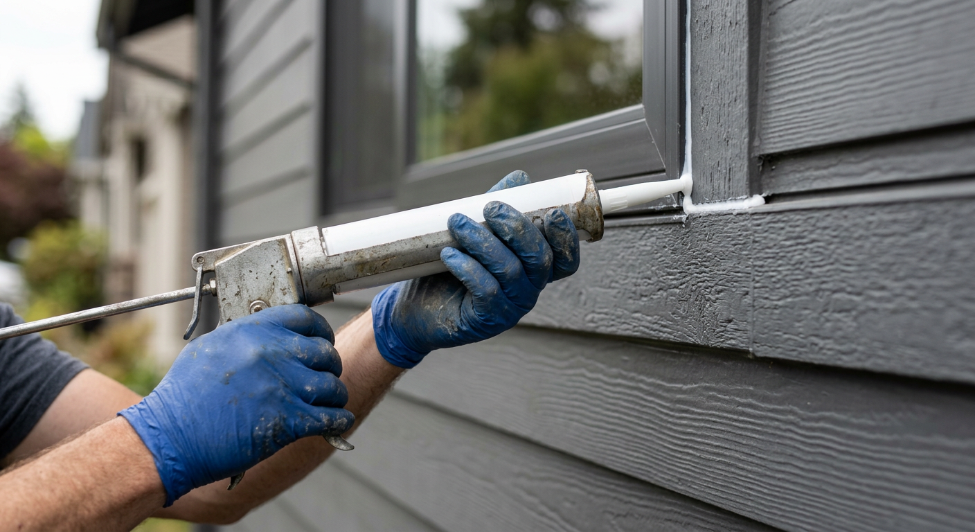 Applying a bead of fresh exterior caulk to a window frame on a home in Northgate, WA.