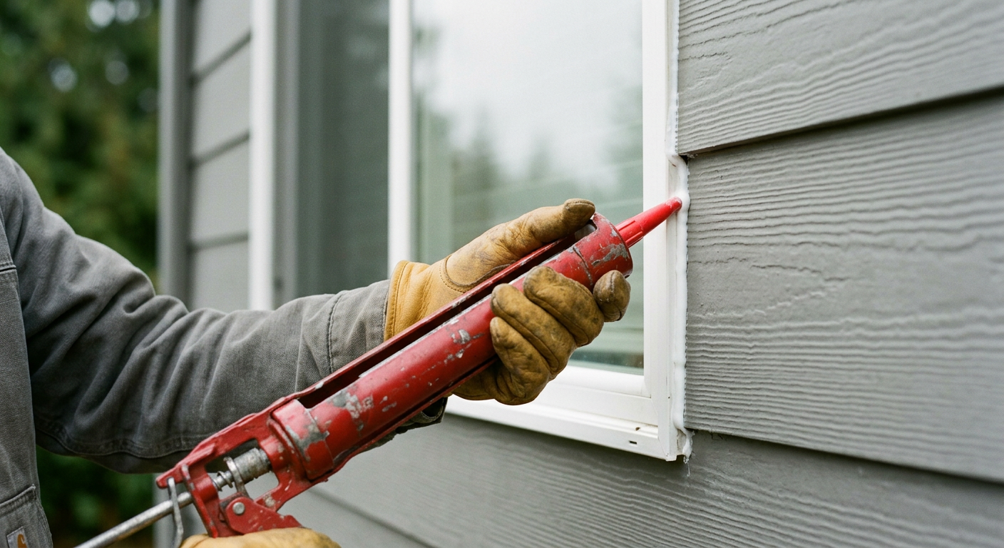Applying fresh exterior caulking to a window frame in Northgate, WA to prepare for fall rains.