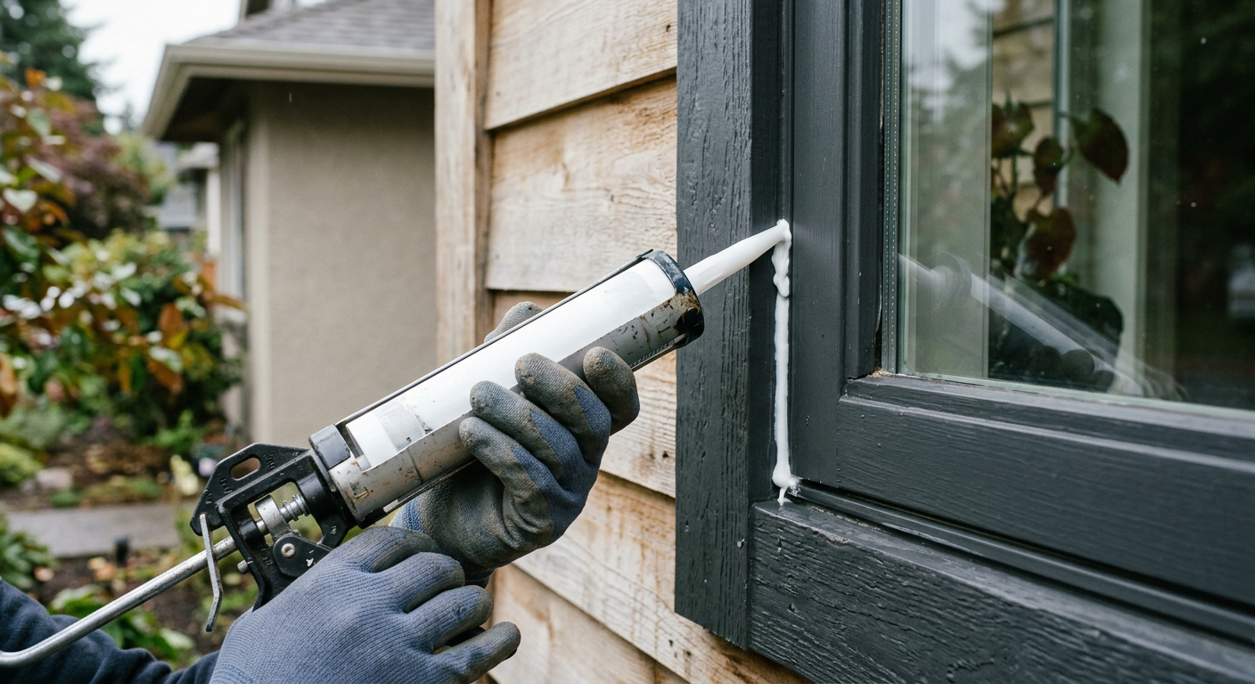 Applying a fresh bead of exterior caulk to a window frame on a home in Northgate, WA to prevent water intrusion.