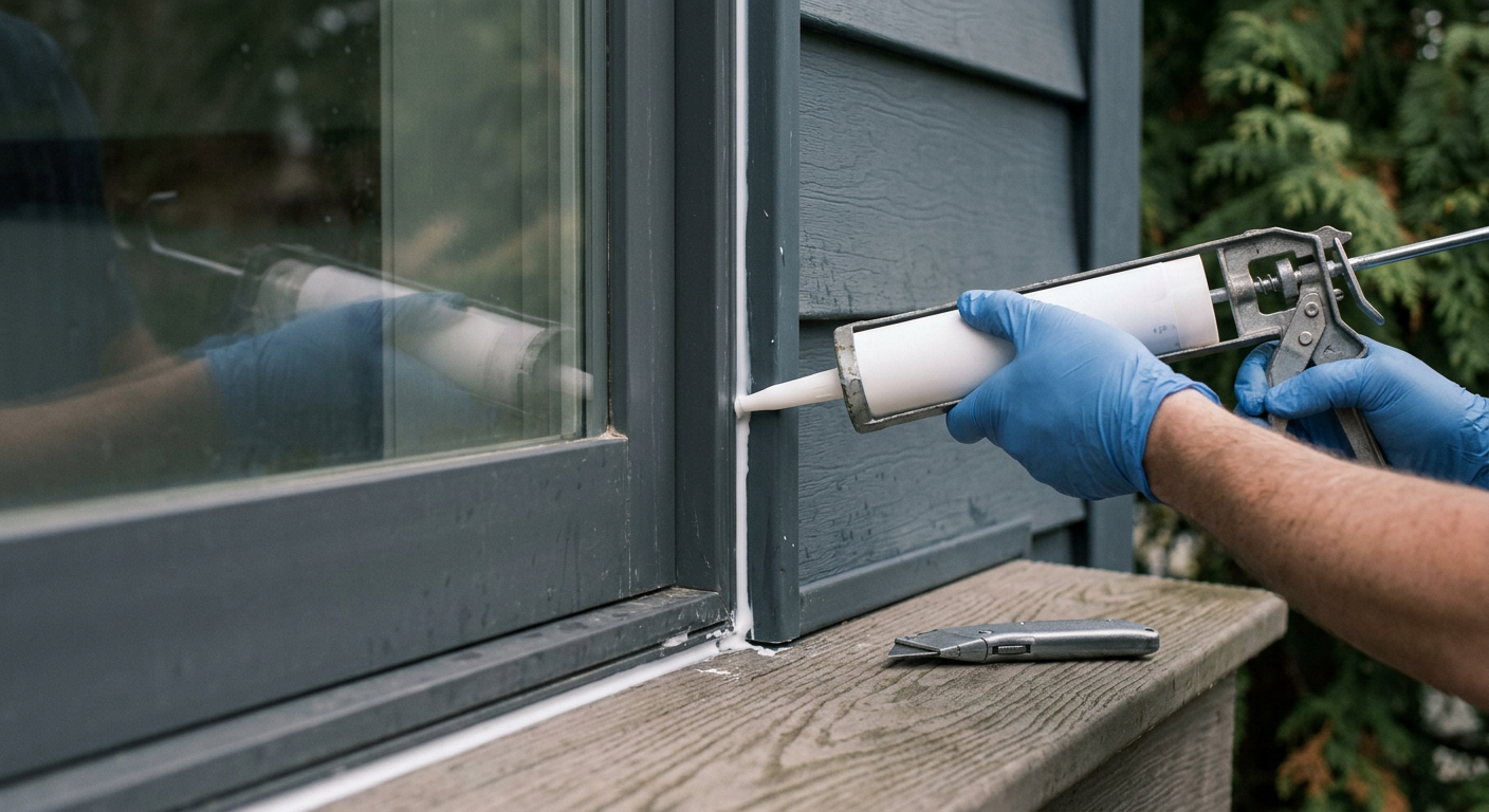 Applying fresh white caulk around an exterior window frame in Northgate, WA to prevent water intrusion.