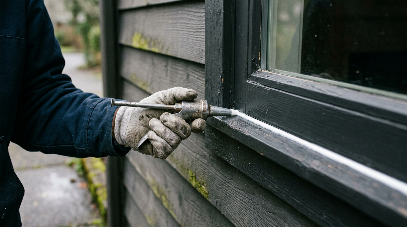 Applying a bead of caulk to seal an exterior window on a home in West Seattle, WA.