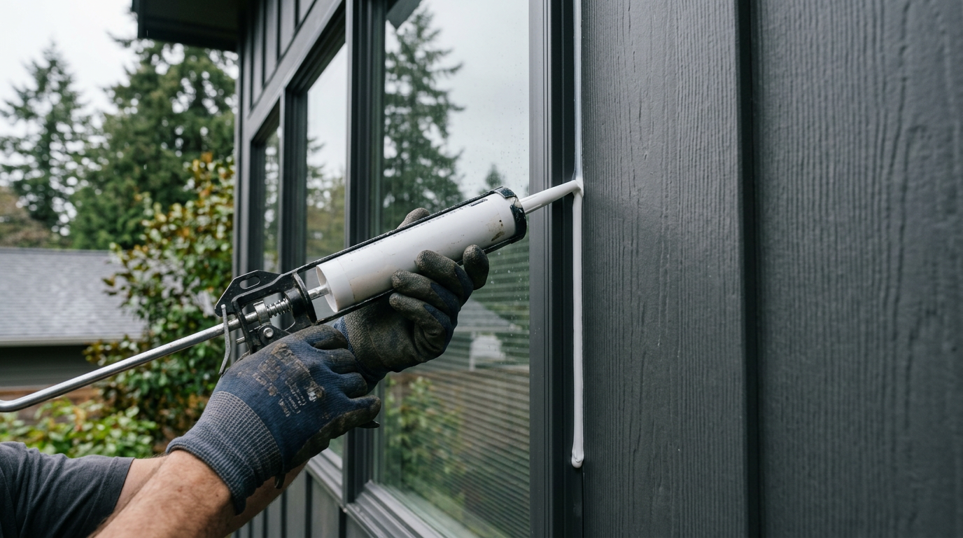 Applying a fresh bead of exterior caulk to a window frame on a West Seattle home to prevent water damage.