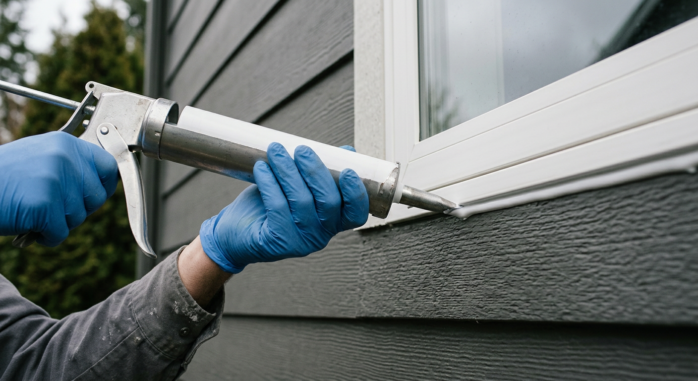 Applying fresh exterior caulking to a window frame on a home in West Seattle to prevent water intrusion.