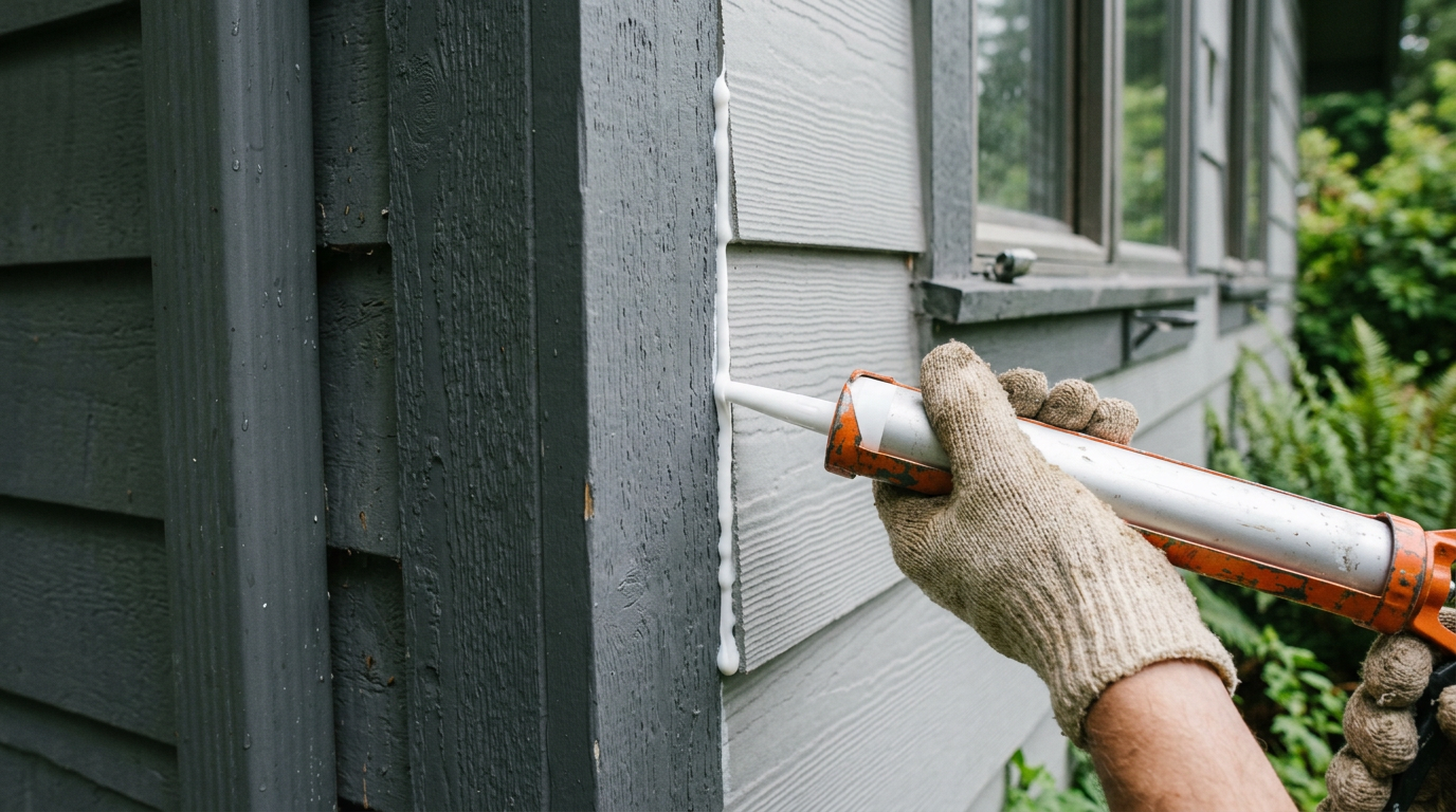 A professional hand applies fresh exterior caulking to a window frame on a Lake Stevens home to prevent water damage.