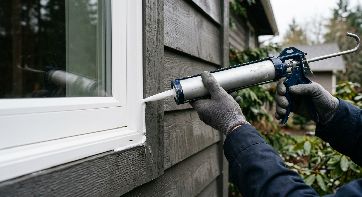A professional applying a clean bead of exterior sealant to a window frame on a home in Mukilteo, WA.