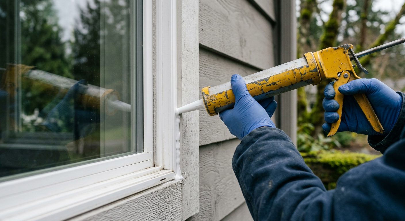 Applying a fresh bead of sealant with a caulking gun to an exterior window frame on a home in Northgate, WA.