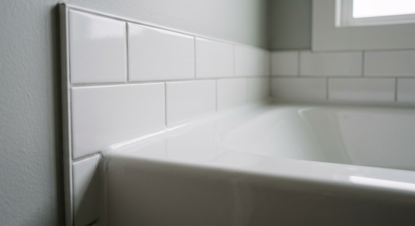 A fresh, clean bead of white caulk sealing a bathtub in a West Seattle home.