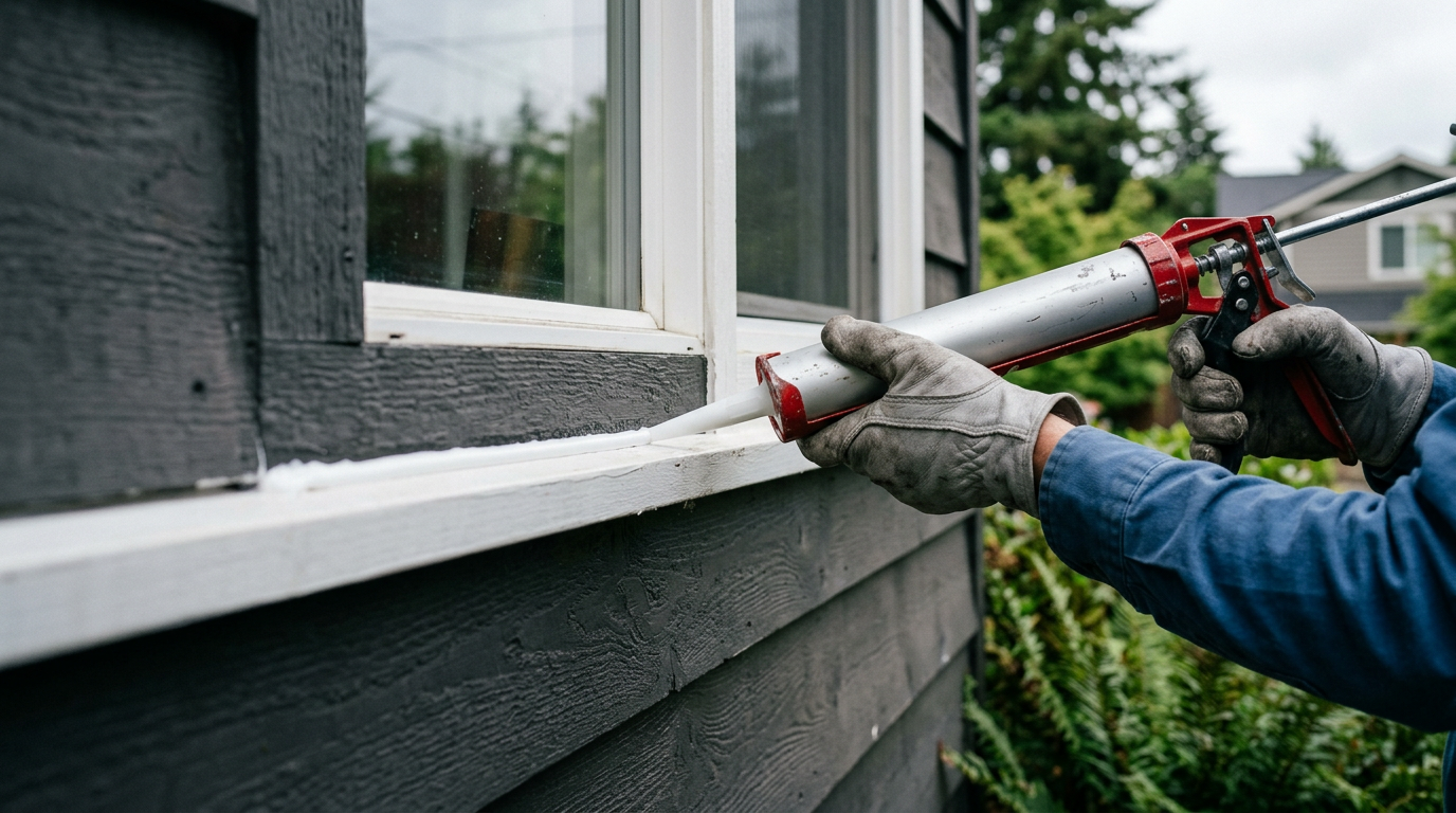 A professional applying a clean bead of sealant with a caulking gun to a window frame on a home in West Seattle, WA.