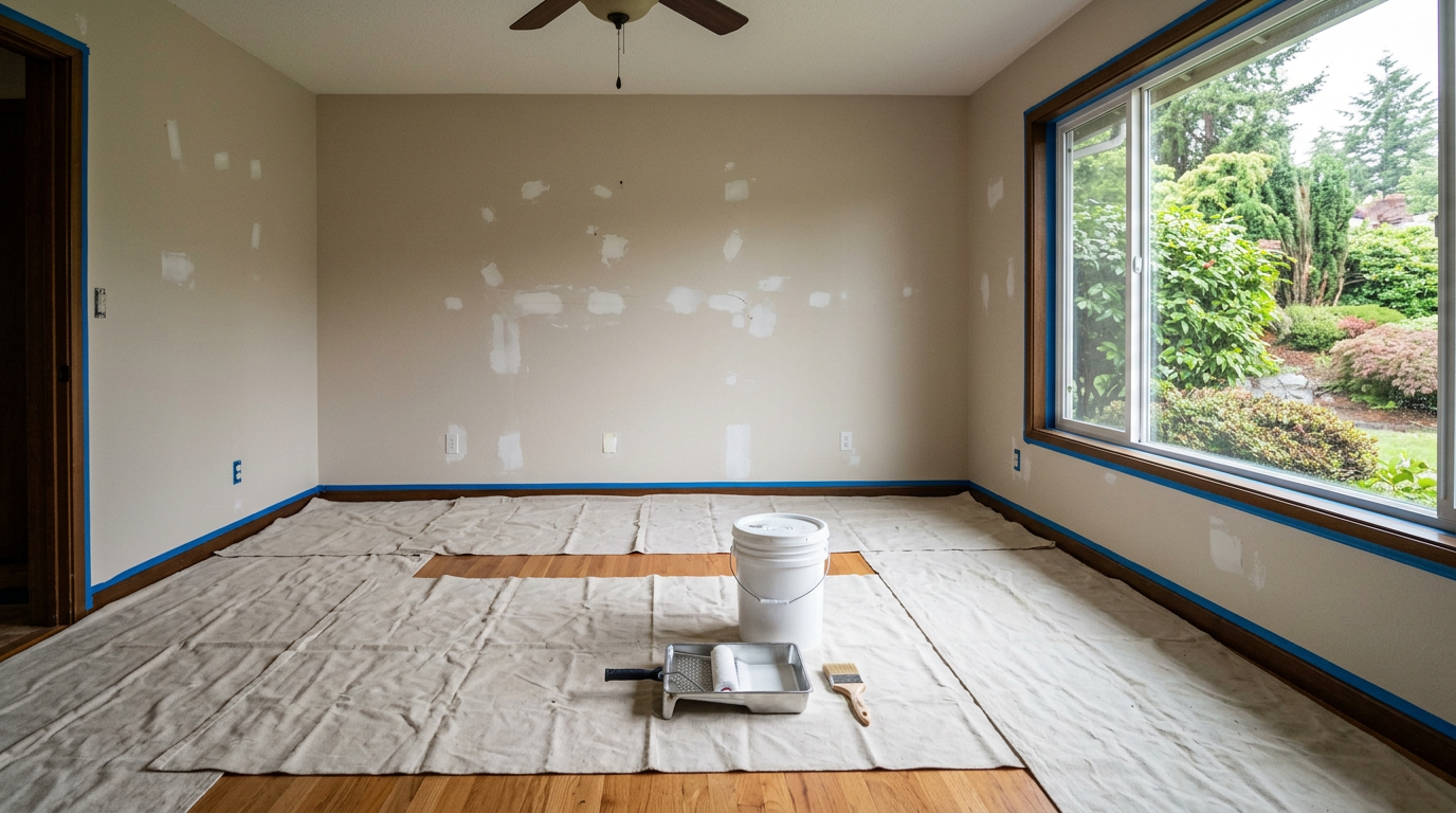 A room in a Clyde Hill home prepped for interior painting, with drop cloths and painter's tape in place.