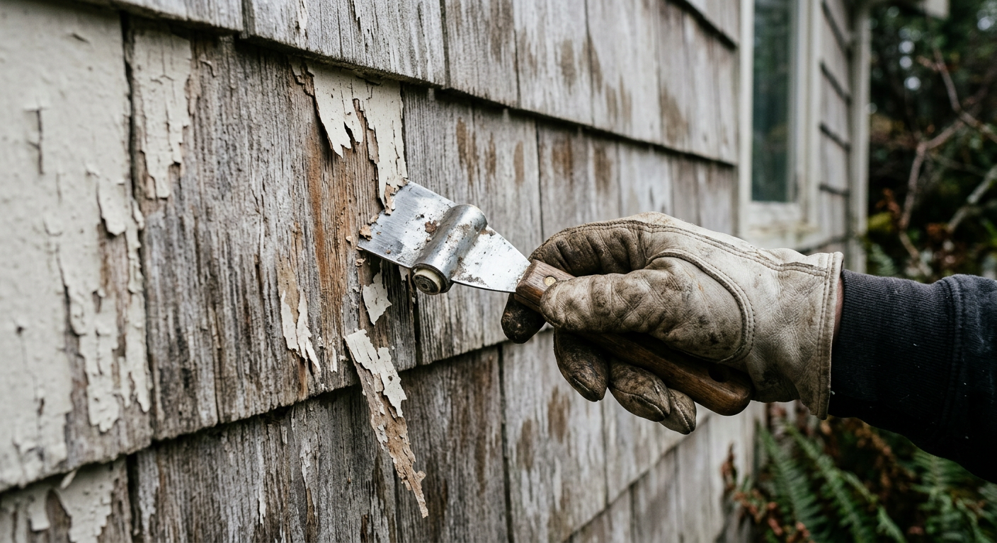 Scraping old paint from cedar siding during a home siding repair project in Clyde Hill, WA.