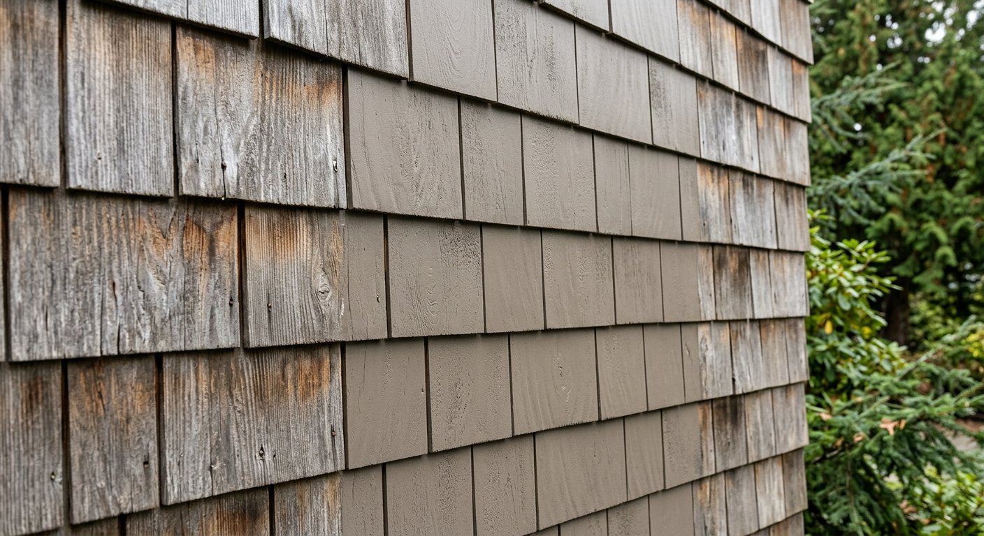 A close-up of perfectly repaired and painted cedar siding on a home in Clyde Hill, WA.